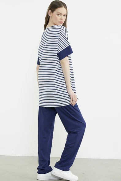 Büyük Beden  Baskılı Penye Tunik Takım - Lacivert - Resim 5