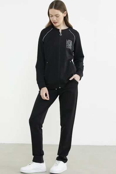 Biye Detaylı Fermuarlı Eşofman Takım - Siyah - Resim 4