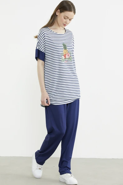 Büyük Beden  Baskılı Penye Tunik Takım - Lacivert - Resim 4