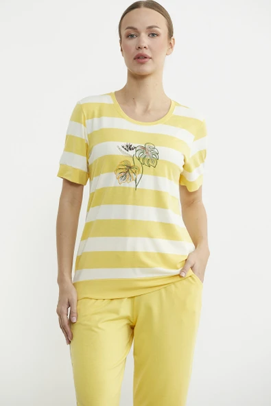 Rahat Kalıp Çizgili Pantolon Takım - Sarı - Resim 3