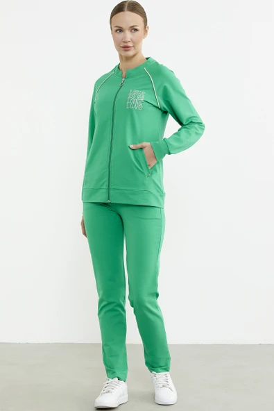 Biye Detaylı Fermuarlı Eşofman Takım - Yeşil - Resim 5