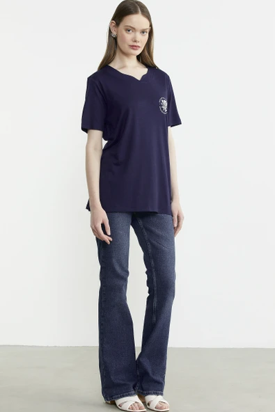 Bisiklet Yaka Baskılı Dökümlü Tişört - Lacivert - Resim 3