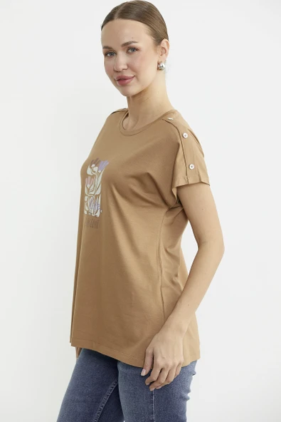 Omuz Detaylı Baskılı Penye Tişört - Kamel - Resim 4