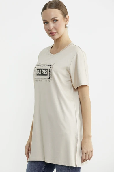 Büyük Beden Baskılı Uzun Tunik Tişört - Taş - 4