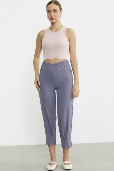 Paça Büzgü Detaylı Krep Pantolon - Antrasit - 3