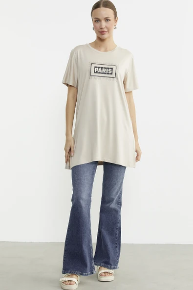 Büyük Beden Baskılı Uzun Tunik Tişört - Taş