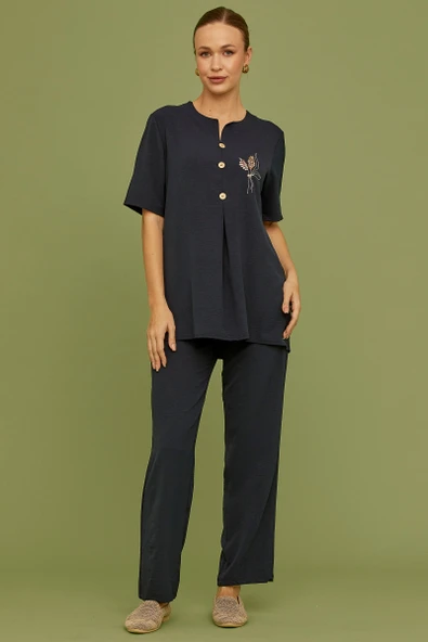 Sıfır Yaka Düğmeli Viskon Takım - Lacivert - Resim 4