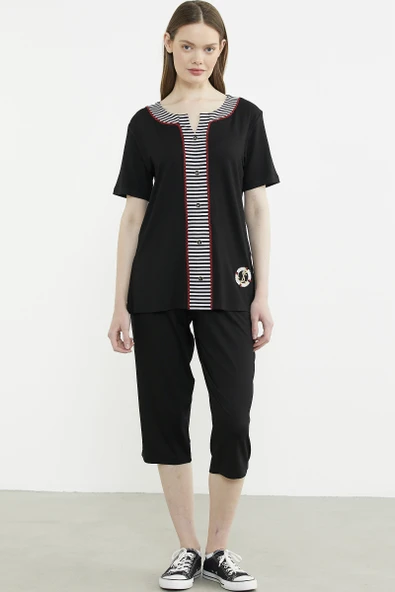 Çizgi Detaylı Kapri Penye Takım - Siyah ürün görseli