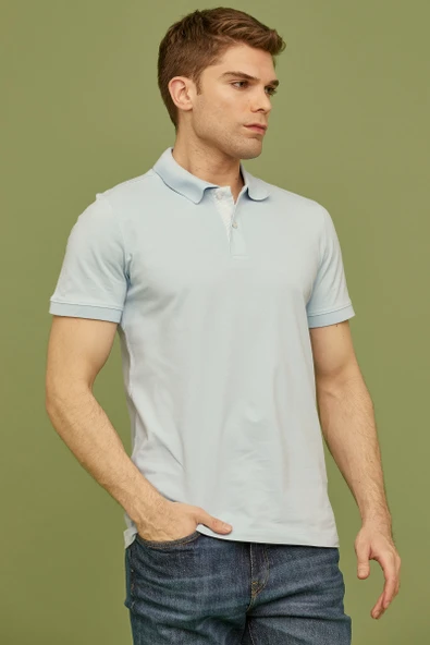 Detaylı Polo Yaka Kısa Kol Tişört - Açık Mavi - Resim 5