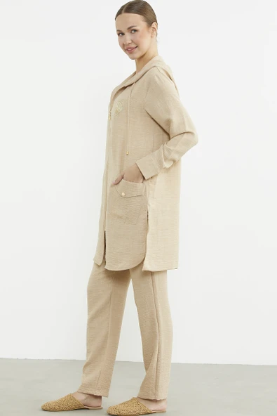 Büyük Beden Keten Görünümlü Üçlü Takım - Bej - Resim 5