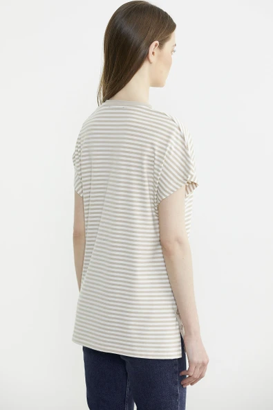 Çizgili V Yaka Payetli Tişört - Kahve - Resim 5