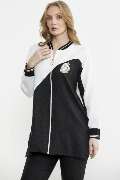 Fermuar Kapamalı Nakışlı Tunik Takım - Siyah - Resim 2