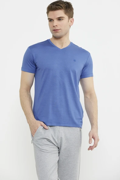 V Yaka Basic Kısa Kol Tişört - Saks - Resim 4