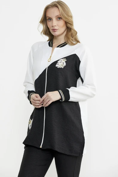 Fermuar Kapamalı Nakışlı Tunik Takım - Siyah - Resim 4