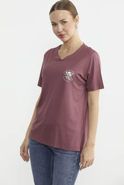 Bisiklet Yaka Baskılı Dökümlü Tişört - Gül - Resim 3