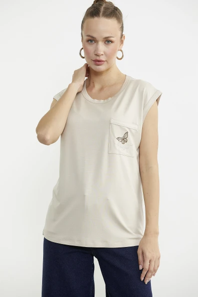 Düşük Kol Dökümlü Cepli Tişört - Taş - Resim 4