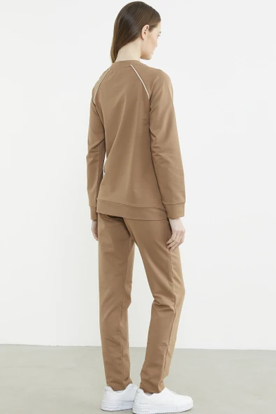 Biye Detaylı Fermuarlı Eşofman Takım - Kamel - Resim 6