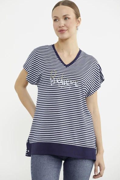 Çizgili V Yaka Payetli Tişört - Lacivert - Resim 4