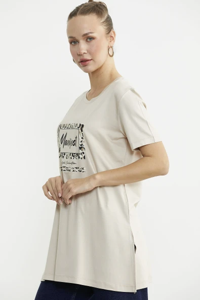 Baskılı Bisiklet Yaka Tunik Tişört - Taş - Resim 4