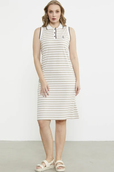 Polo Yaka Marine Çizgili Elbise - Kahve - Resim 5