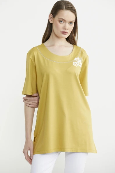 Nakışlı Büyük Beden Penye Tişört - Hardal - Resim 2