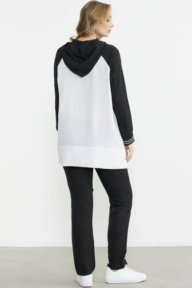 Keten Görünümlü Kapüşonlu Tunik Takım - Siyah - Resim 6