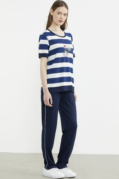 Rahat Kalıp Çizgili Pantolon Takım - Lacivert - Resim 2