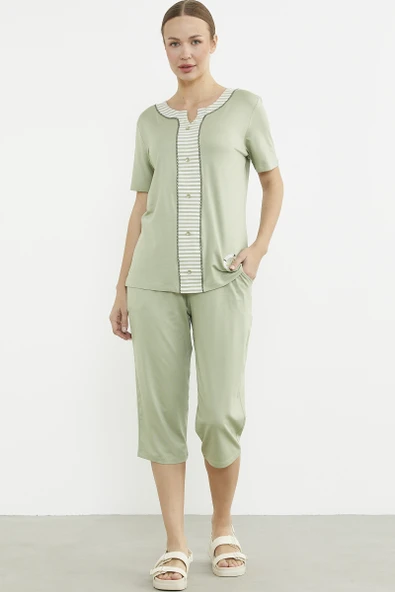 Çizgi Detaylı Kapri Penye Takım - Yeşil ürün görseli 1