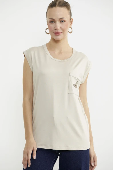 Düşük Kol Dökümlü Cepli Tişört - Taş - Resim 2