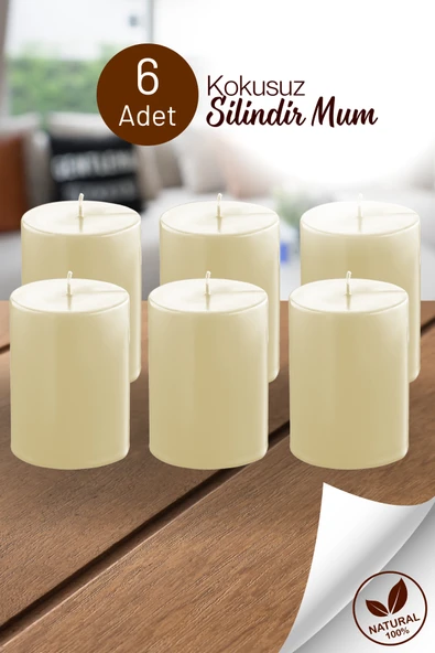6 Adet Silindir Dekoratif Kokusuz Krem Mum- Hediyelik Blok Mum