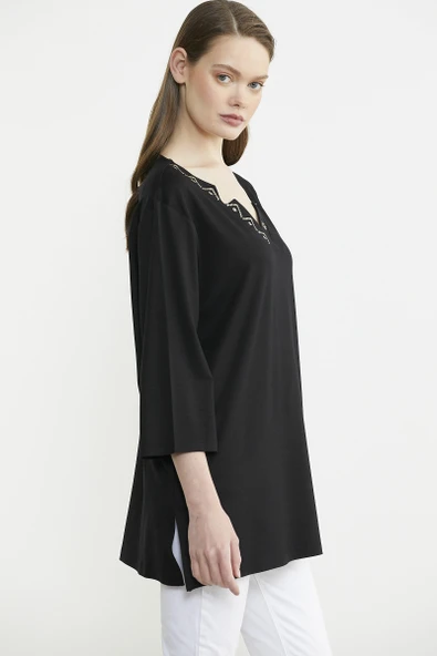 Büyük Beden Truvakar Kol Yaka Detaylı Tişört - Siyah - Resim 4