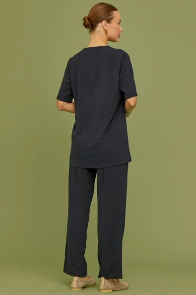 Sıfır Yaka Düğmeli Viskon Takım - Lacivert - Resim 6