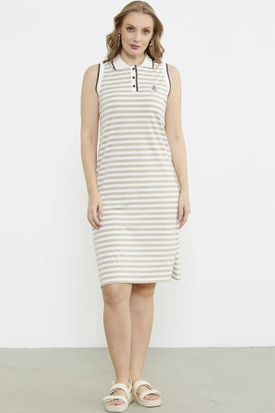 Polo Yaka Marine Çizgili Elbise - Kahve - Resim 2