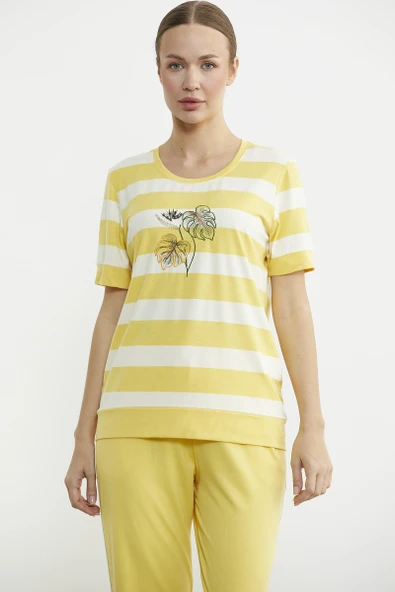 Rahat Kalıp Çizgili Pantolon Takım - Sarı - Resim 4