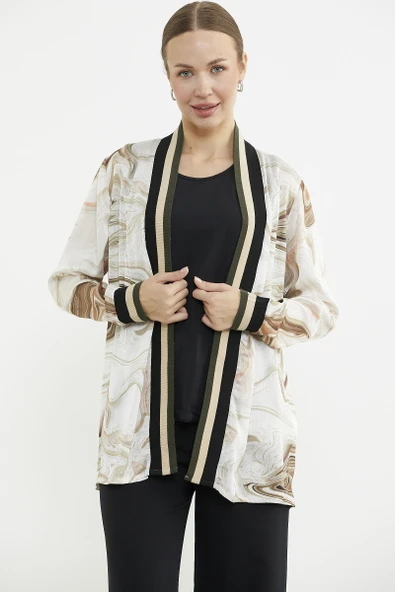 Rahat Kalıp Desenli İkili Krep Takım - Bej - Resim 2