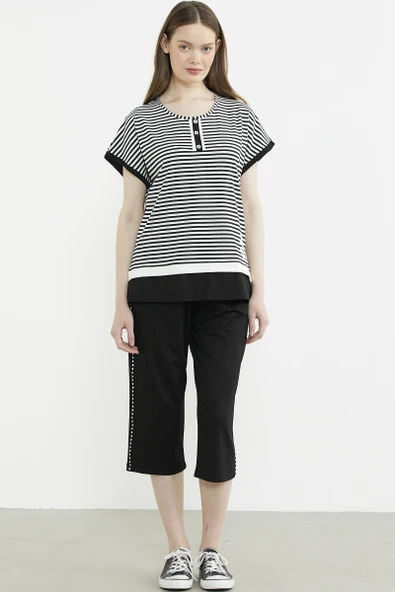 Marine Çizgili Kapri Penye Takım - Siyah ürün görseli