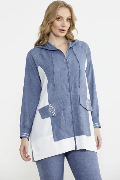 Keten Görünümlü Kapüşonlu Tunik Takım - Indigo - 5