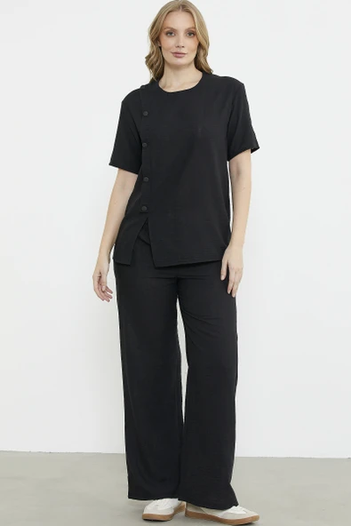 Düğme Detaylı Keten Görünümlü Rahat Takım - Siyah ürün görseli 1