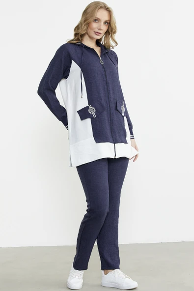 Keten Görünümlü Kapüşonlu Tunik Takım - Lacivert - Resim 5