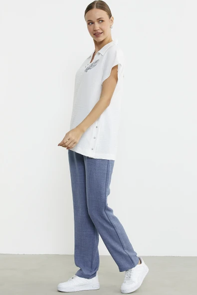 Polo Yaka Keten Görüntülü Takım - Indigo - Resim 4