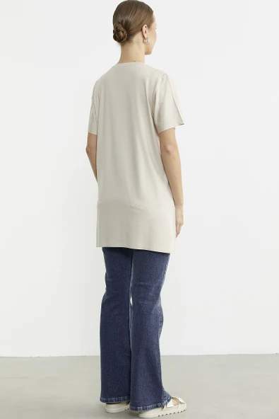 Büyük Beden Baskılı Uzun Tunik Tişört - Taş - 5