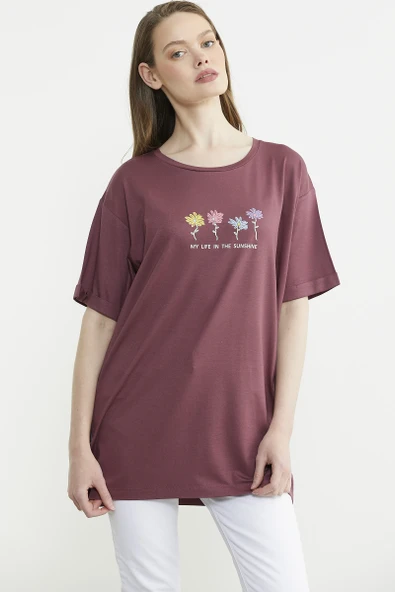 Çiçek Baskılı Bisiklet Yaka Tişört - Bordo - Resim 4