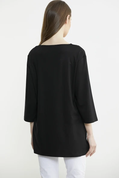 Büyük Beden Truvakar Kol Yaka Detaylı Tişört - Siyah - Resim 5