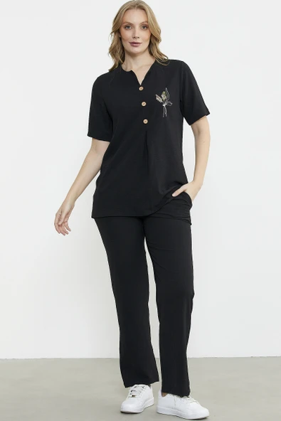 Sıfır Yaka Düğmeli Viskon Takım - Siyah ürün görseli 1