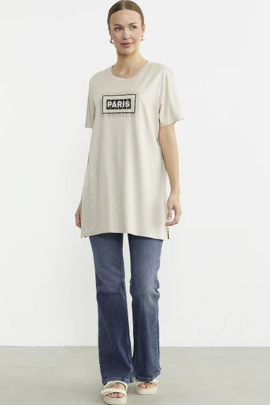 Büyük Beden Baskılı Uzun Tunik Tişört - Taş - 2