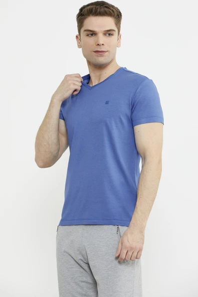 V Yaka Basic Kısa Kol Tişört - Saks - Resim 2