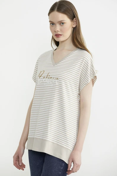 Çizgili V Yaka Payetli Tişört - Kahve ürün görseli 1