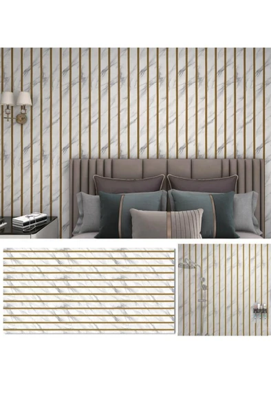 120cmx300cm Tek Parça Yapışkanlı Rulo Gold Çizgili Mermer Desenli Duvar Paneli Kağıdı QM0136 - Resim 3