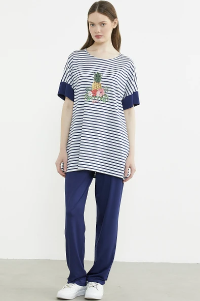 Büyük Beden  Baskılı Penye Tunik Takım - Lacivert ürün görseli 1