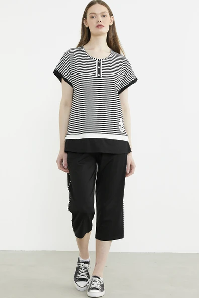 Marine Çizgili Kapri Penye Takım - Siyah - Resim 2